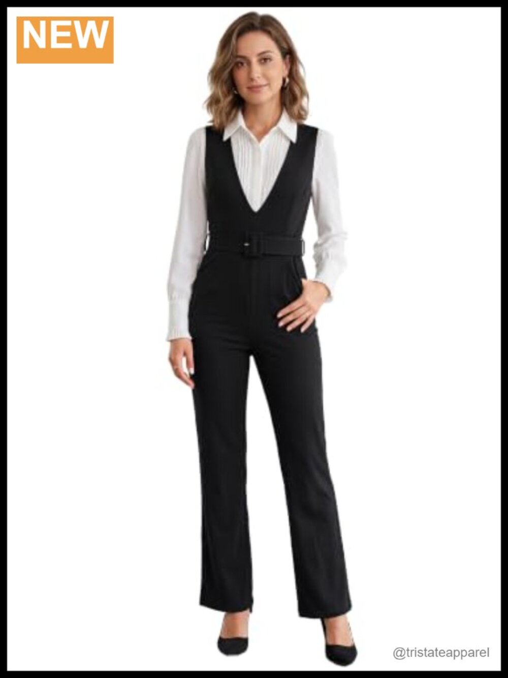 Sleeveless V-Neck Work Jumpsuit Belted Waist Straight Leg Pants Day to Night